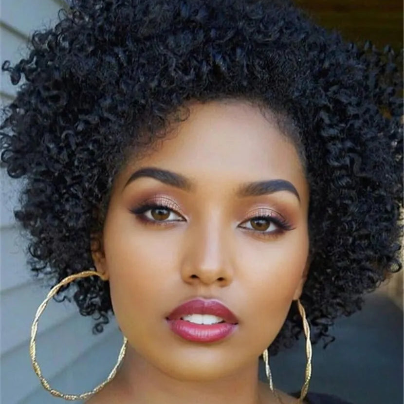 Short Kinky Curly African American Human Hair Lace Front Cap Wigs 10 Inches