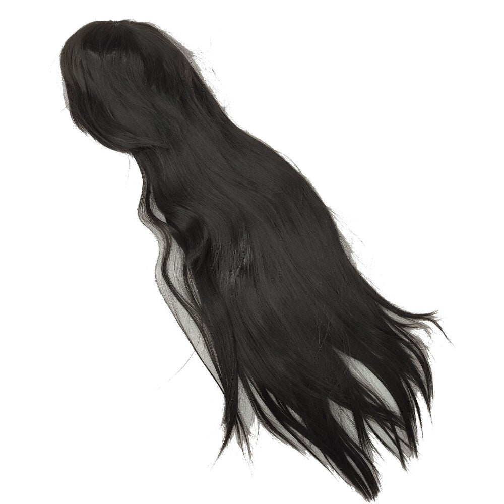 Black and long full hair wig side bangs 31 -inch long synthetic hair