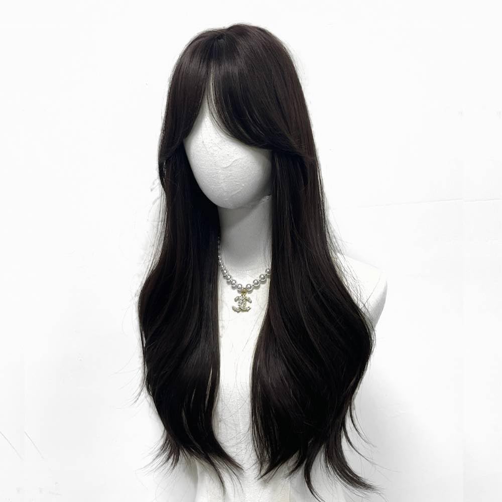 Long black brown straight hair wig and bangs synthesize female synthetic high temperature wig