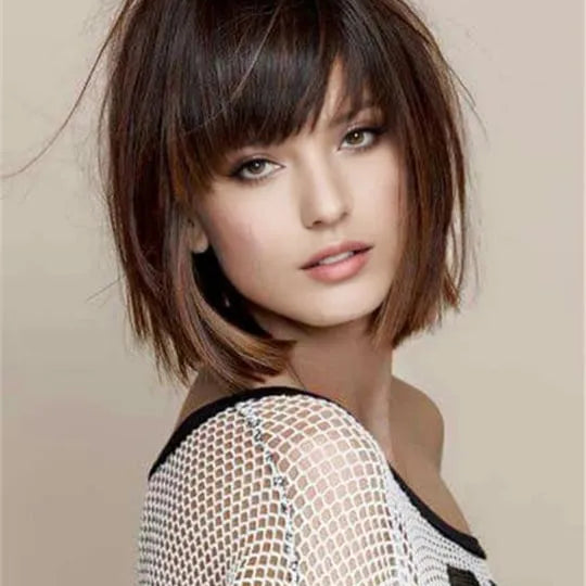 Short Straight Bob With Bangs Human Hair Capless Wig 8 Inches