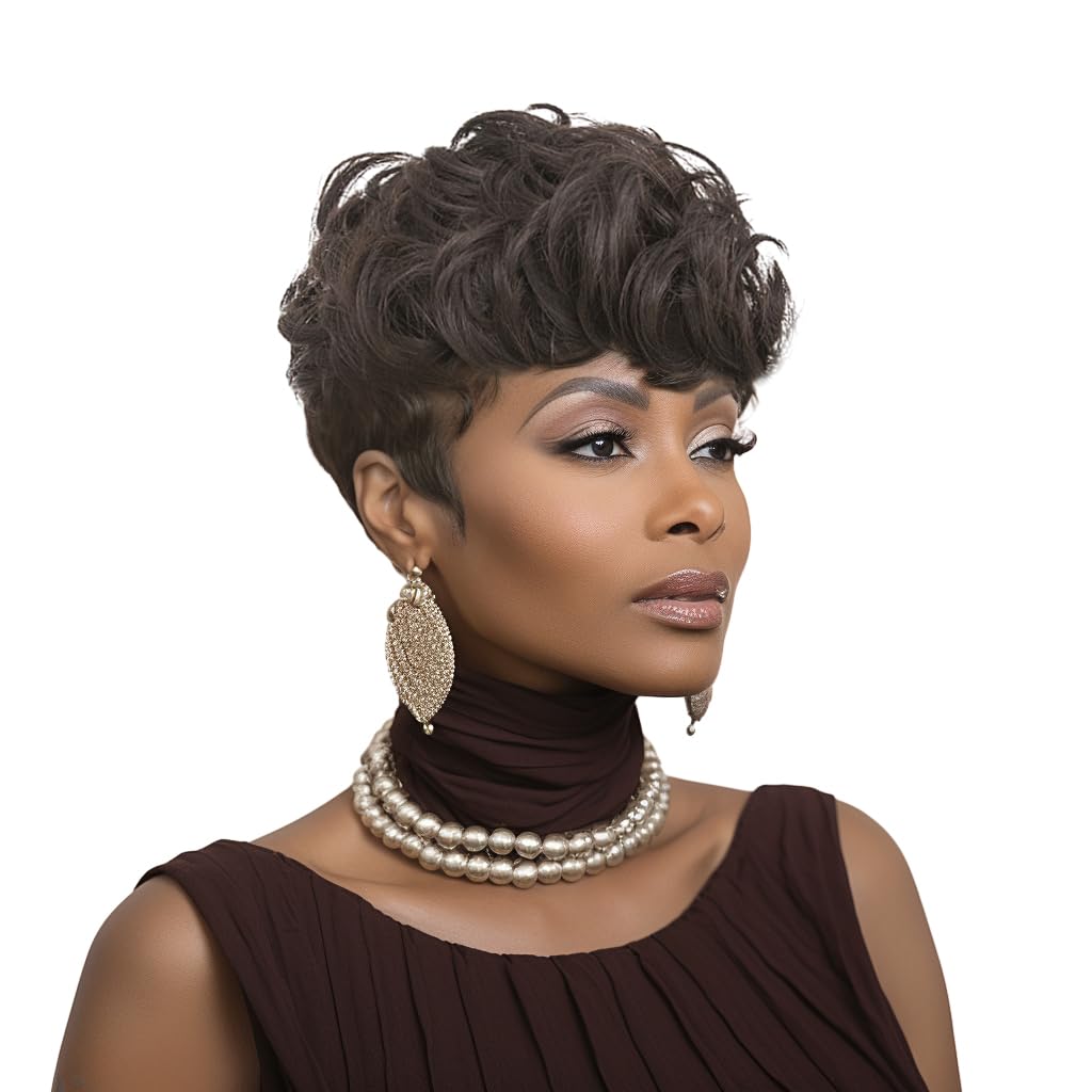 Natural Black Wavy Synthetic Short Wig with Bangs - Pixie Cut Wig for Women