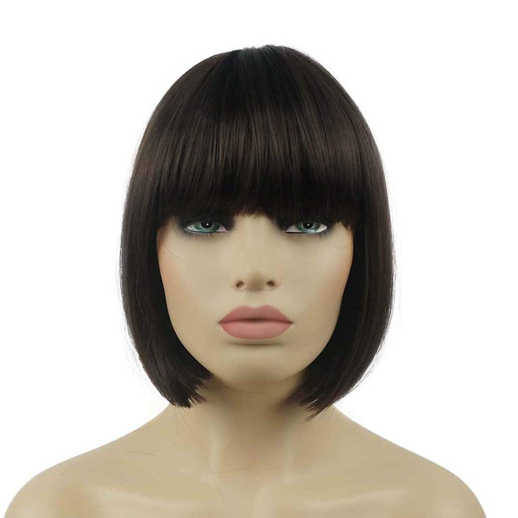 8" Straight Short Bob Hair Flat Bangs Cute Central Dot Skin Top Heat Resistant Synthetic Wigs (6 Chestnut Brown)
