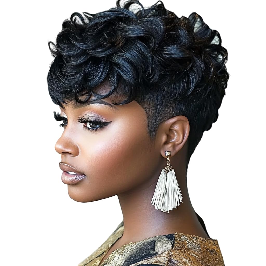 Natural Black Wavy Synthetic Short Wig with Bangs - Pixie Cut Wig for Women