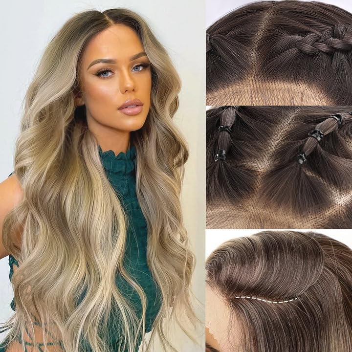 Long Wavy Synthetic Wig 26 Inch Brown Highlights Glueless Lace