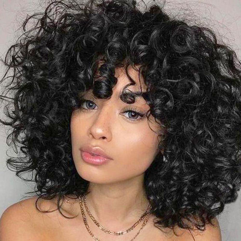 Short Fluffy Curly Wig Synthetic Wig Soft Black Wig