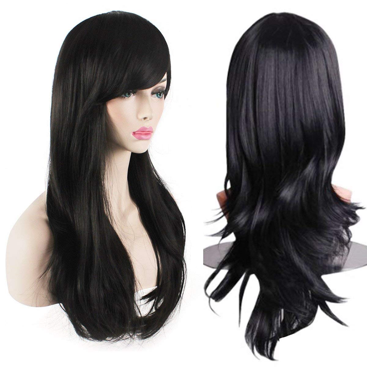 Women’s Heat Resistant 28-Inch 70cm Long Curly Hair Wig with Wig Cap, Black