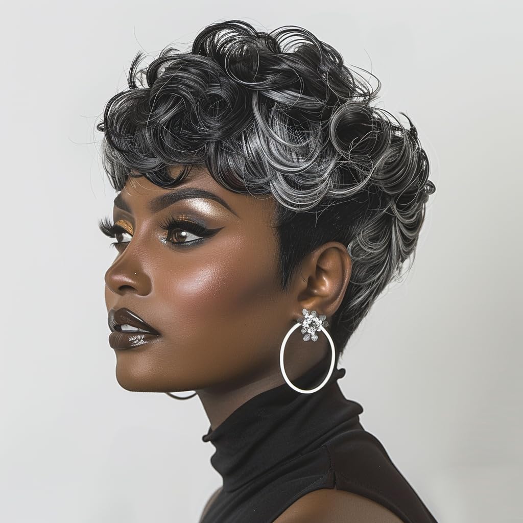 Natural Black Wavy Synthetic Short Wig with Bangs - Pixie Cut Wig for Women