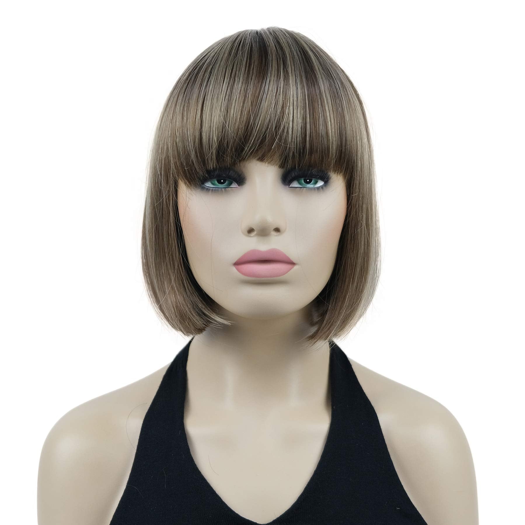 8" Straight Short Bob Hair Flat Bangs Cute Central Dot Skin Top Heat Resistant Synthetic Wigs (6 Chestnut Brown)