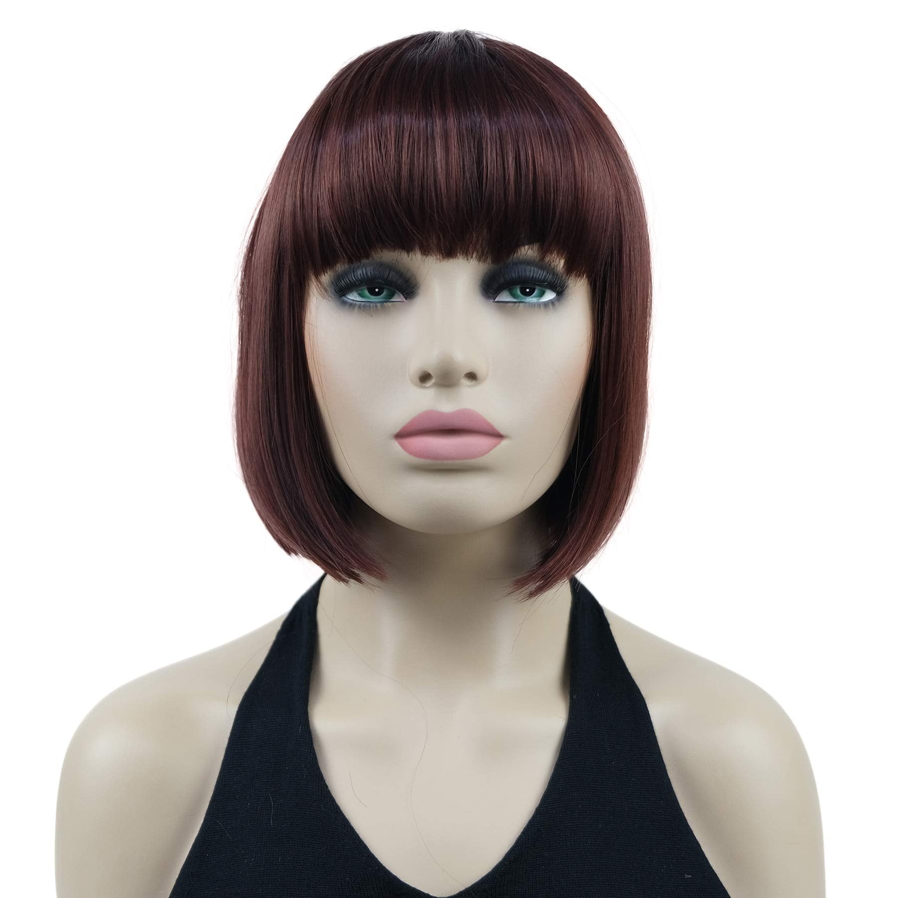 8" Straight Short Bob Hair Flat Bangs Cute Central Dot Skin Top Heat Resistant Synthetic Wigs (6 Chestnut Brown)