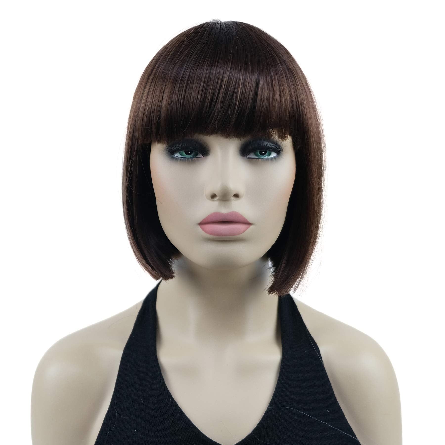 8" Straight Short Bob Hair Flat Bangs Cute Central Dot Skin Top Heat Resistant Synthetic Wigs (6 Chestnut Brown)