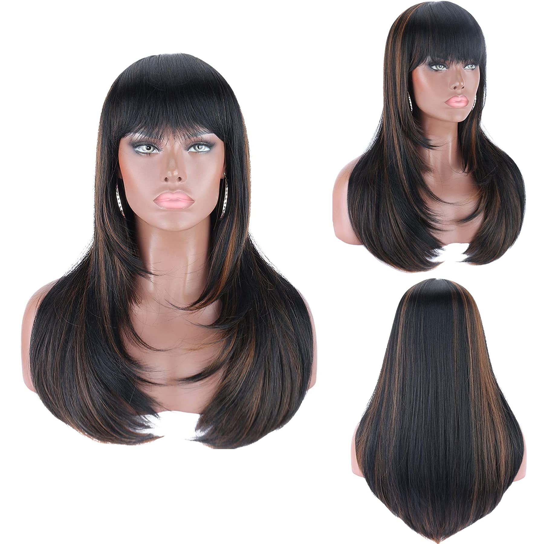 Women's Long Curly Body Wavy Heat Resistant Blonde with Highlights Wig Synthetic Full Hair Wig for Women (Blonde with Highlights)