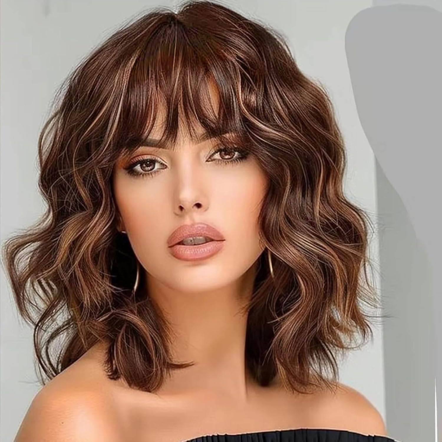 Brown Highlights Short Wavy Curly Bob Wig 14 Inch Synthetic Wig