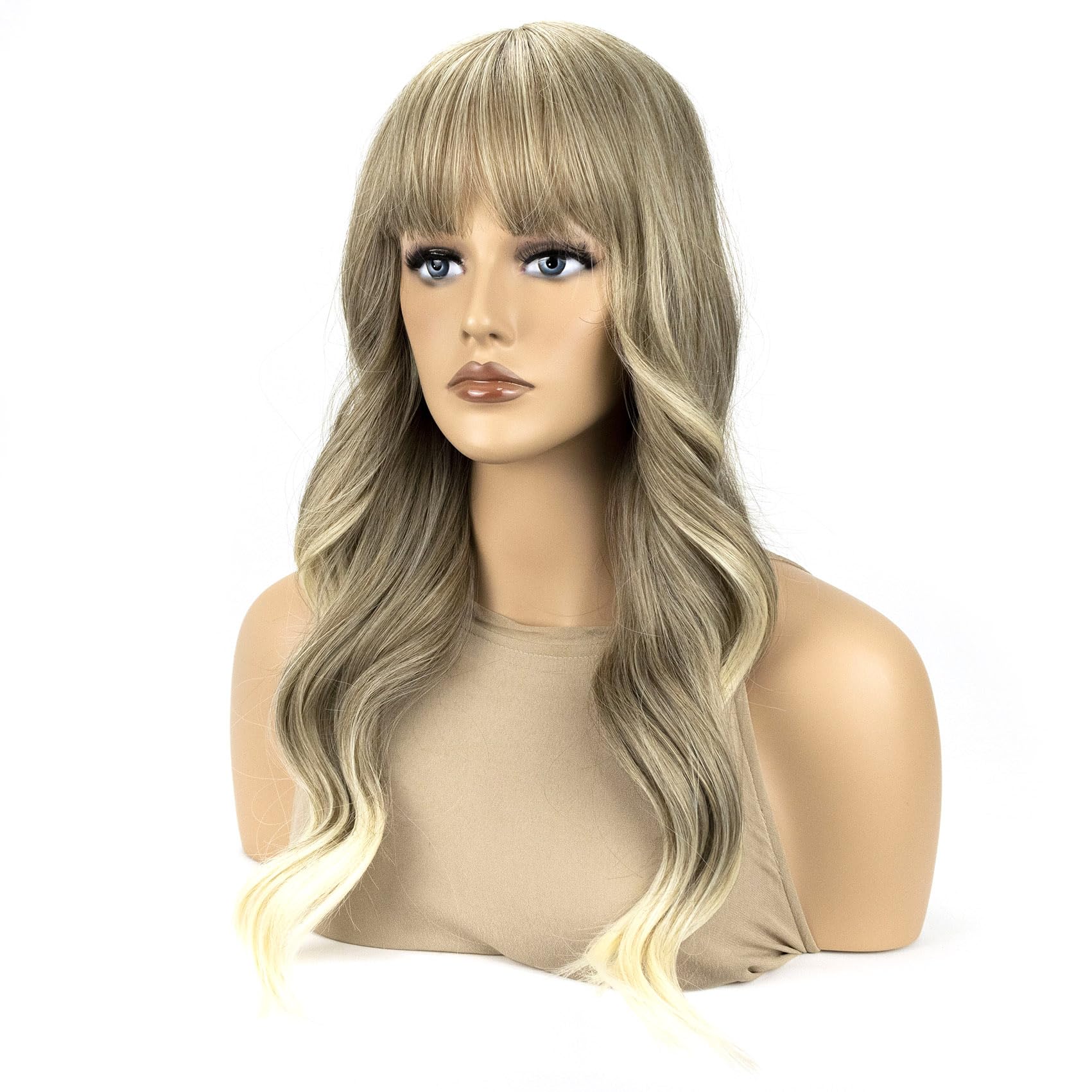 Long Wavy Blonde Pink Wig for Women Heat Resistant Synthetic Wig with Bangs