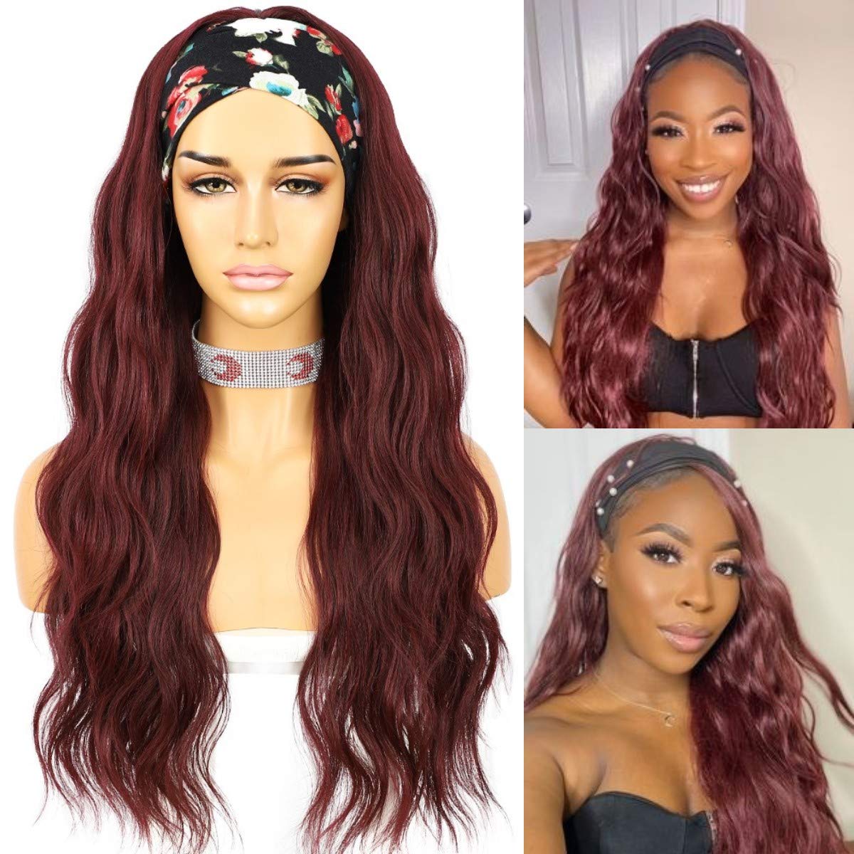 Headband Wig Loose Body Wavy Glueless Synthetic Hair Wigs for Black Women Wave None Lace Front Wigs Mix Brown Color Headband Wigs