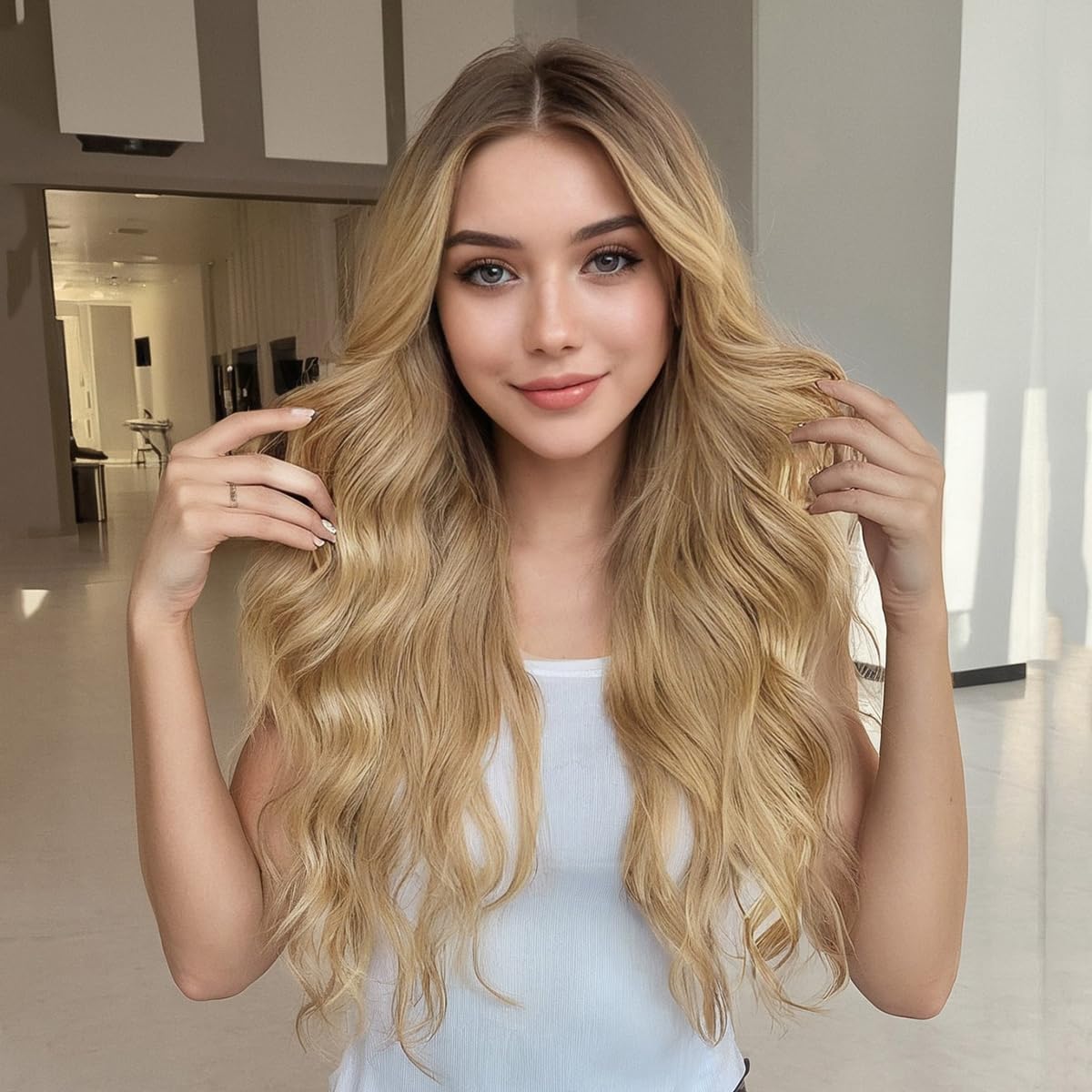 Long Light Blonde Wavy Curly Glueless Synthetic Wig 26 Inches