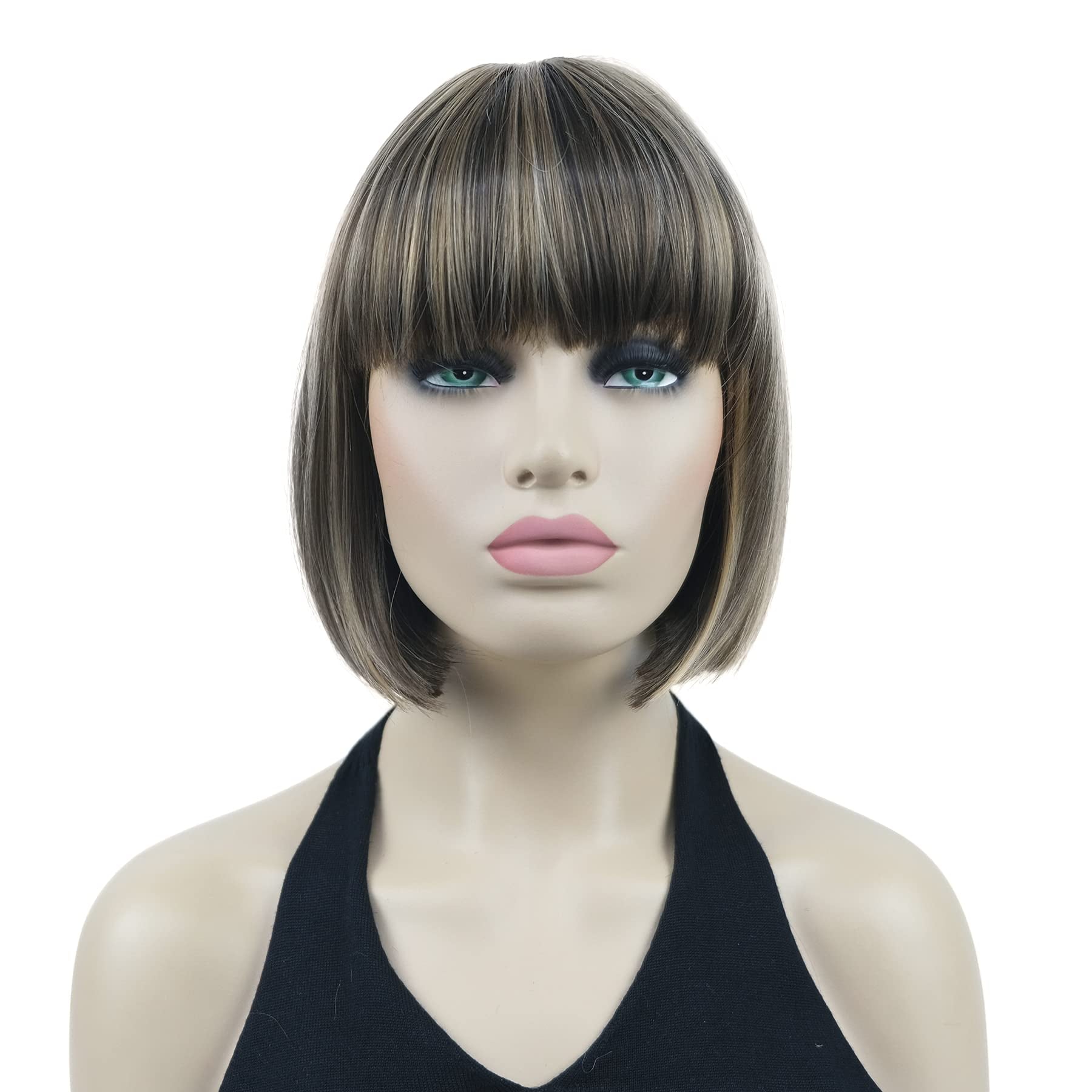 8" Straight Short Bob Hair Flat Bangs Cute Central Dot Skin Top Heat Resistant Synthetic Wigs (6 Chestnut Brown)