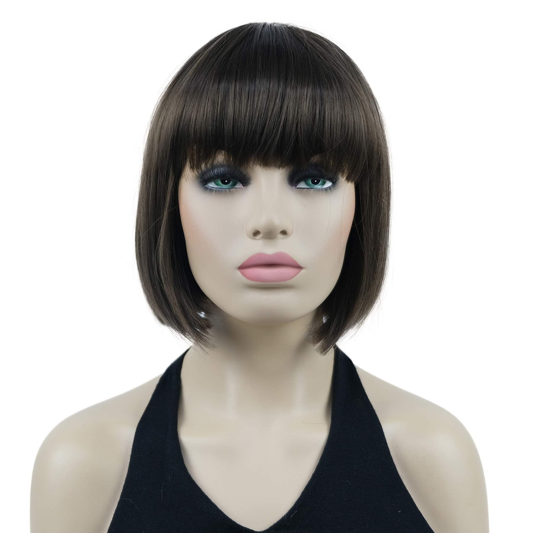 8" Straight Short Bob Hair Flat Bangs Cute Central Dot Skin Top Heat Resistant Synthetic Wigs (6 Chestnut Brown)