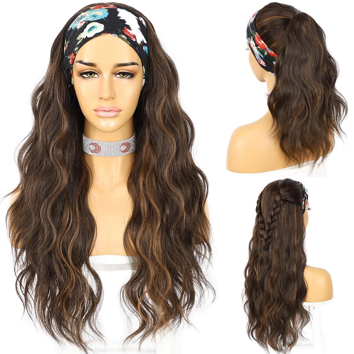 Headband Wig Loose Body Wavy Glueless Synthetic Hair Wigs for Black Women Wave None Lace Front Wigs Mix Brown Color Headband Wigs