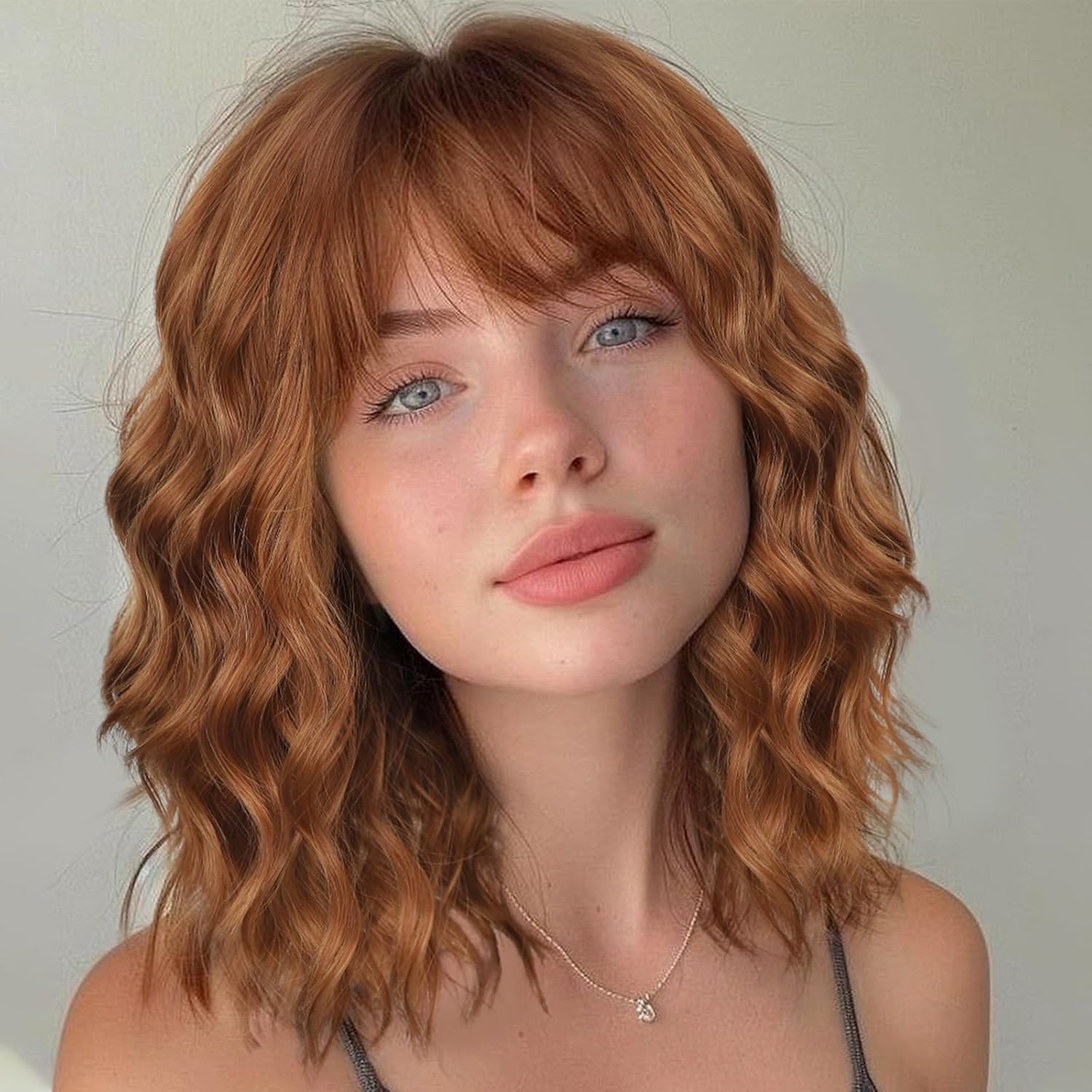 Brown Highlights Short Wavy Curly Bob Wig 14 Inch Synthetic Wig