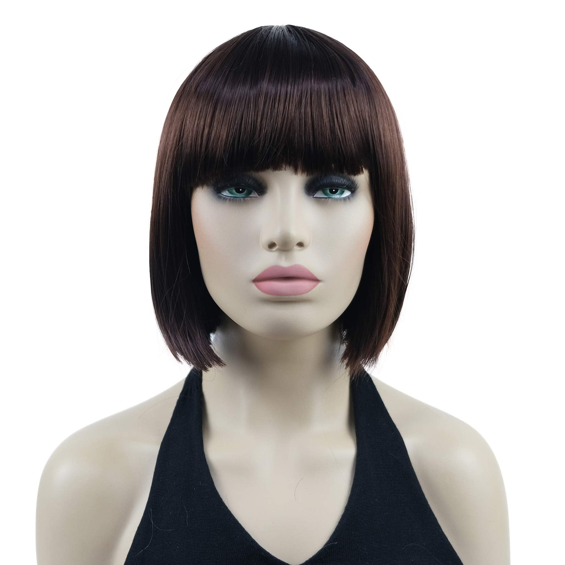 8" Straight Short Bob Hair Flat Bangs Cute Central Dot Skin Top Heat Resistant Synthetic Wigs (6 Chestnut Brown)