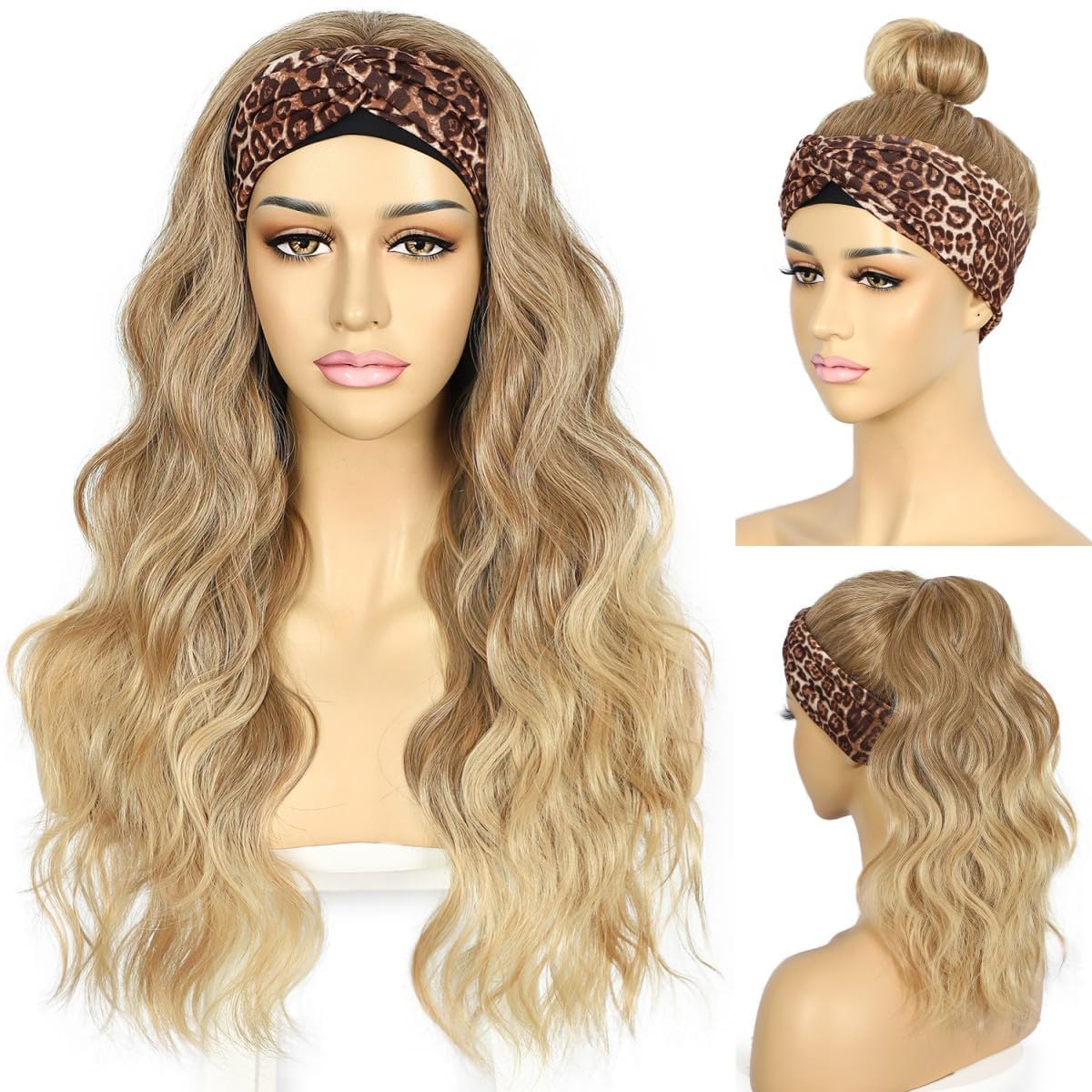 Headband Wig Loose Body Wavy Glueless Synthetic Hair Wigs for Black Women Wave None Lace Front Wigs Mix Brown Color Headband Wigs