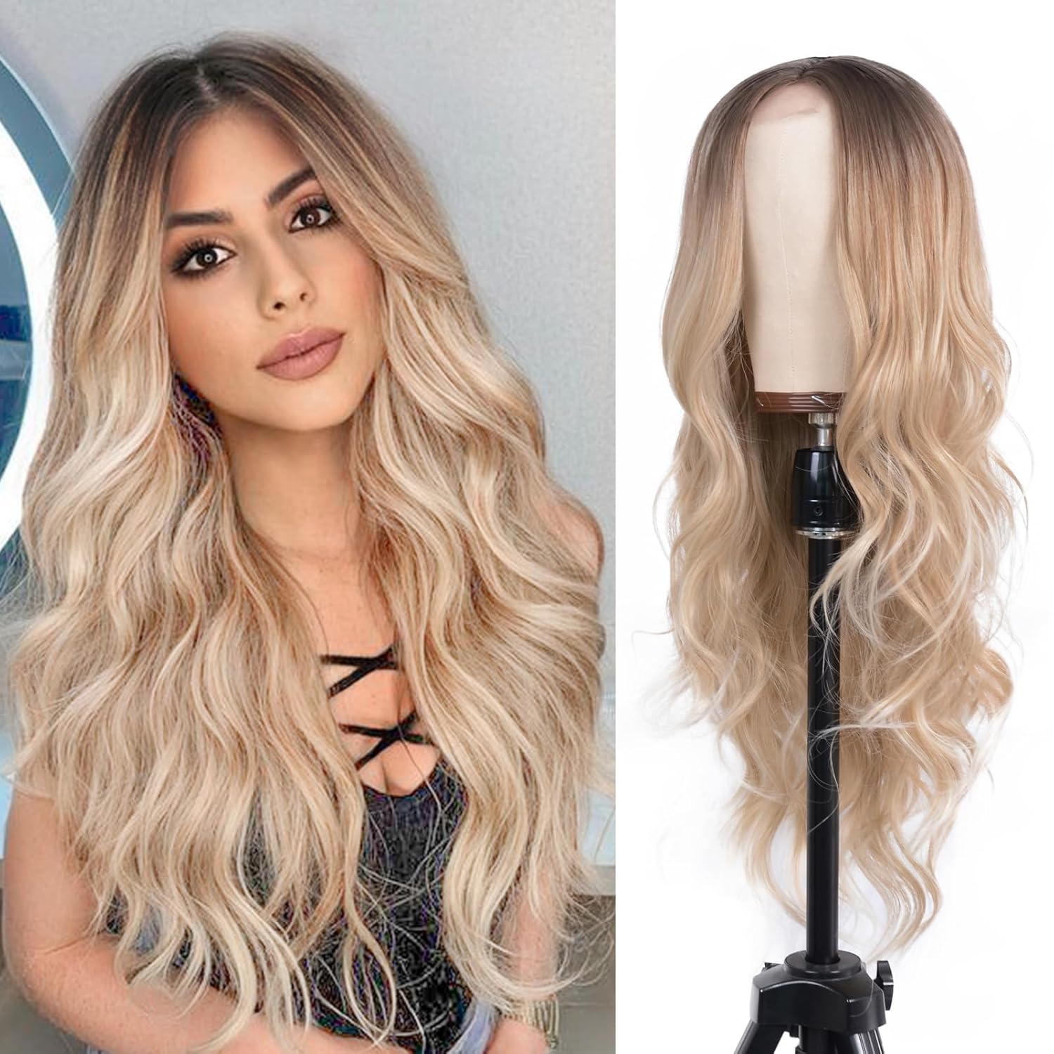 Mixed Blonde Long Wavy Wig 26 Inch Heat Resistant Synthetic Wig