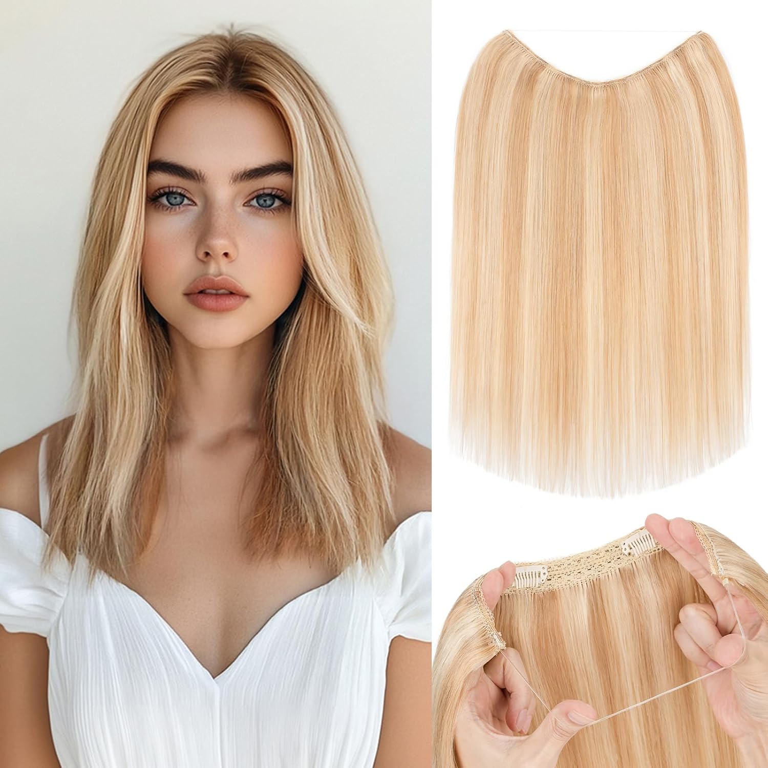 Invisible hair extensions with adjustable 16 inch synthetic wig