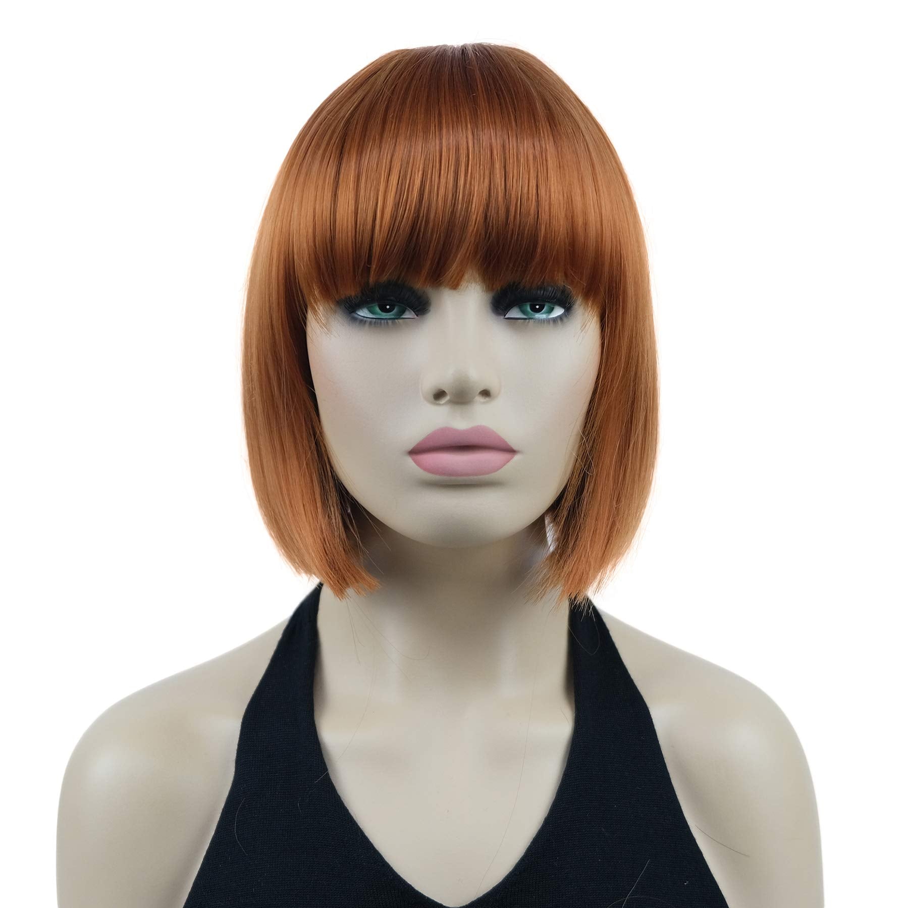 8" Straight Short Bob Hair Flat Bangs Cute Central Dot Skin Top Heat Resistant Synthetic Wigs (6 Chestnut Brown)