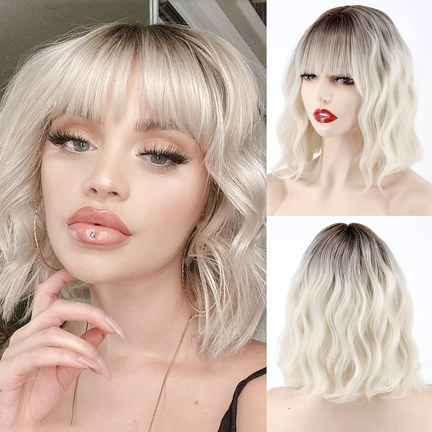 Short Gradient Synthetic Wig Wavy Curly Light Blonde Short Hair Wig