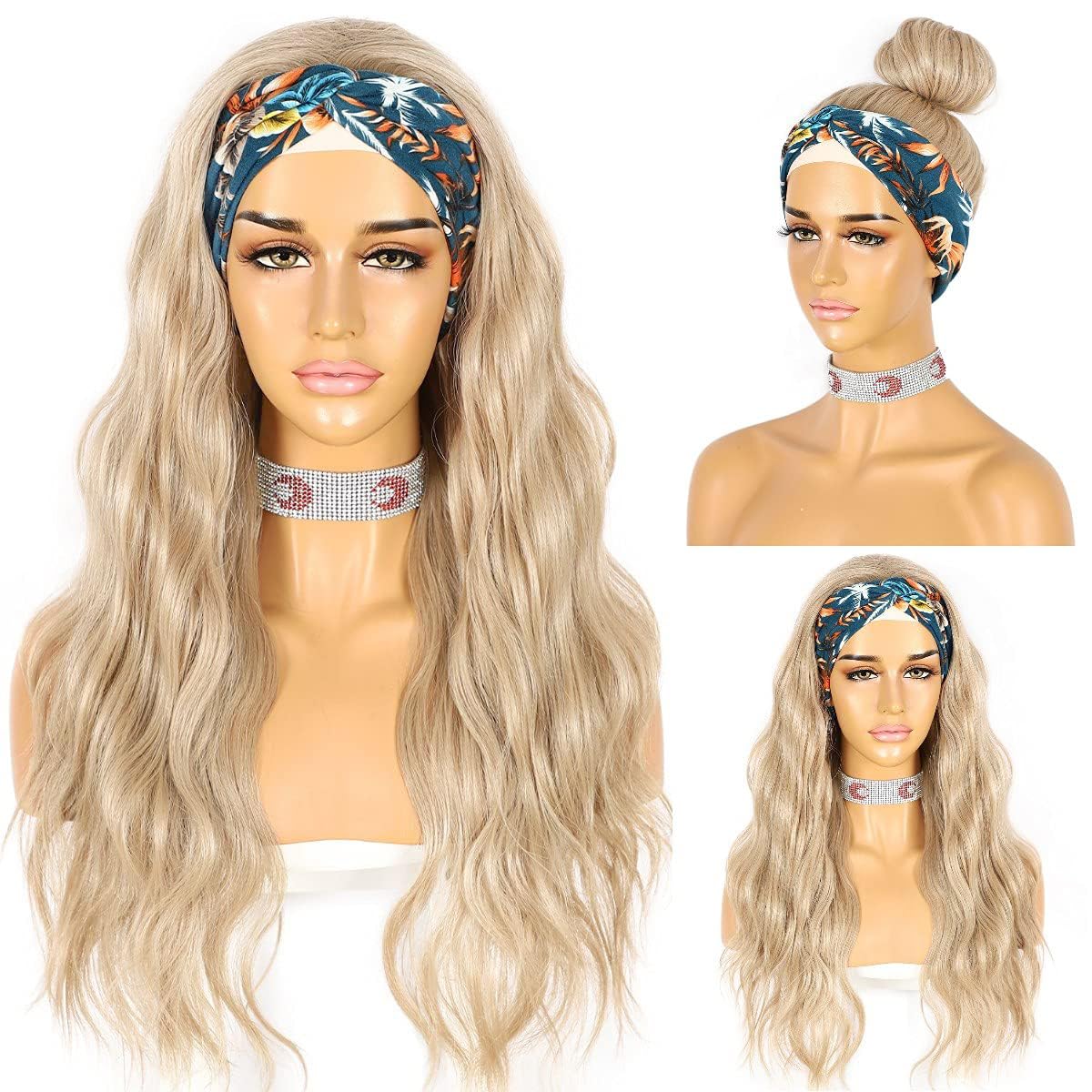 Headband Wig Loose Body Wavy Glueless Synthetic Hair Wigs for Black Women Wave None Lace Front Wigs Mix Brown Color Headband Wigs