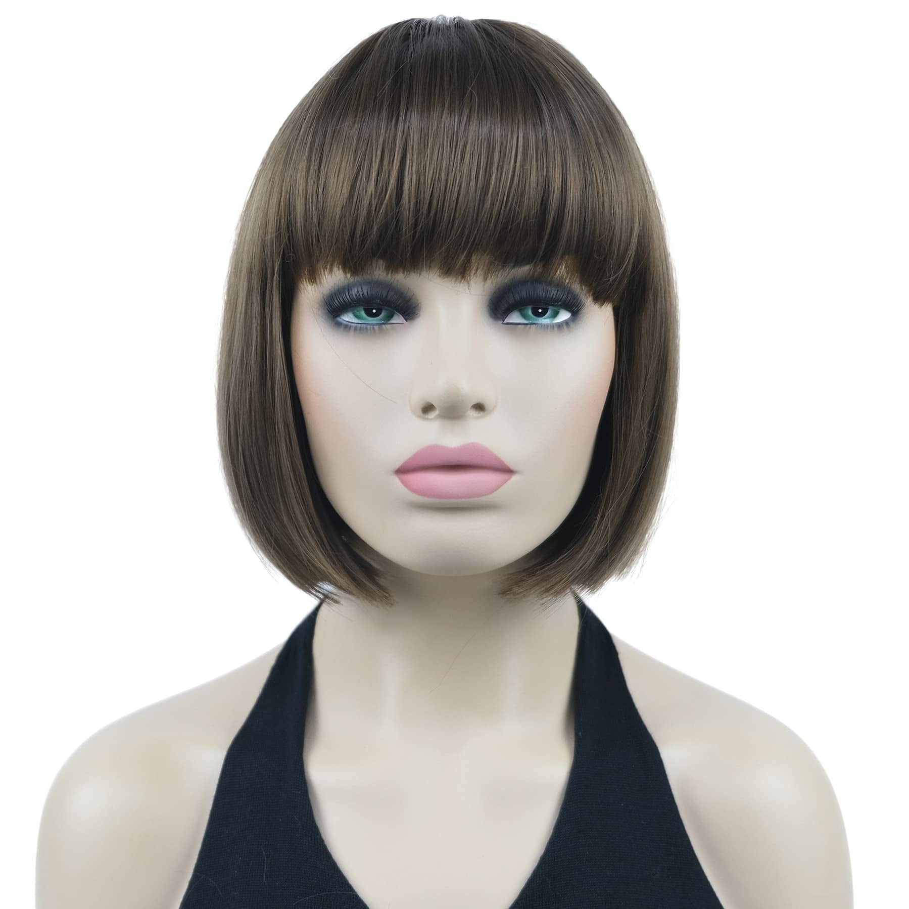 8" Straight Short Bob Hair Flat Bangs Cute Central Dot Skin Top Heat Resistant Synthetic Wigs (6 Chestnut Brown)
