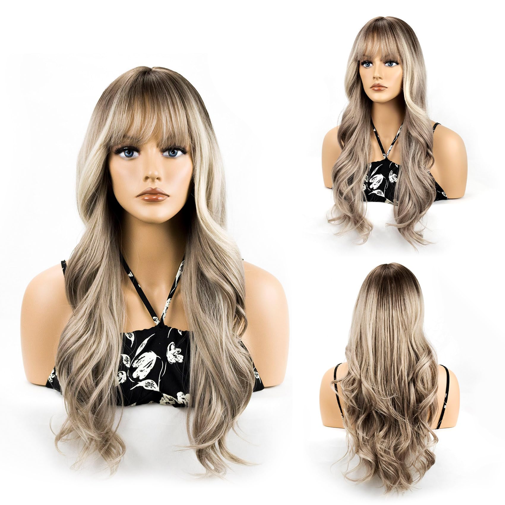 Long Wavy Blonde Pink Wig for Women Heat Resistant Synthetic Wig with Bangs