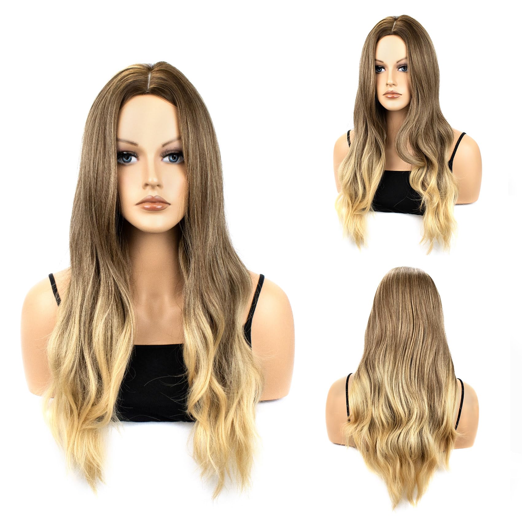 Long Wavy Blonde Pink Wig for Women Heat Resistant Synthetic Wig with Bangs