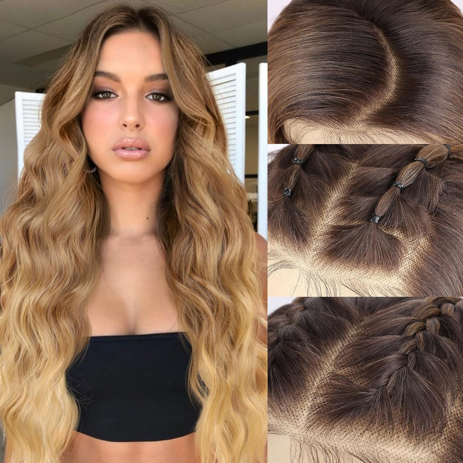 Long Wavy Synthetic Wig 26 Inch Brown Highlights Glueless Lace