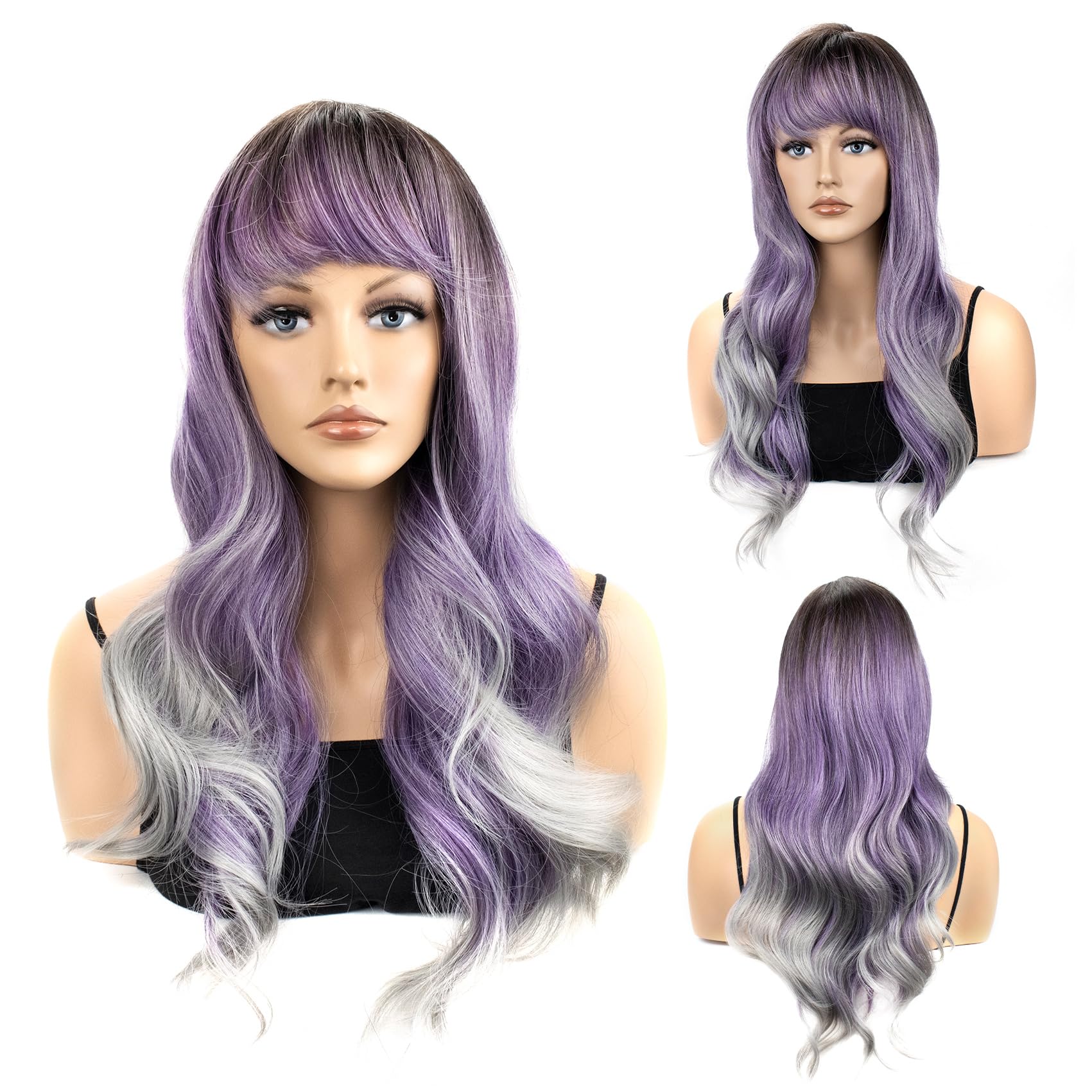 Long Wavy Blonde Pink Wig for Women Heat Resistant Synthetic Wig with Bangs