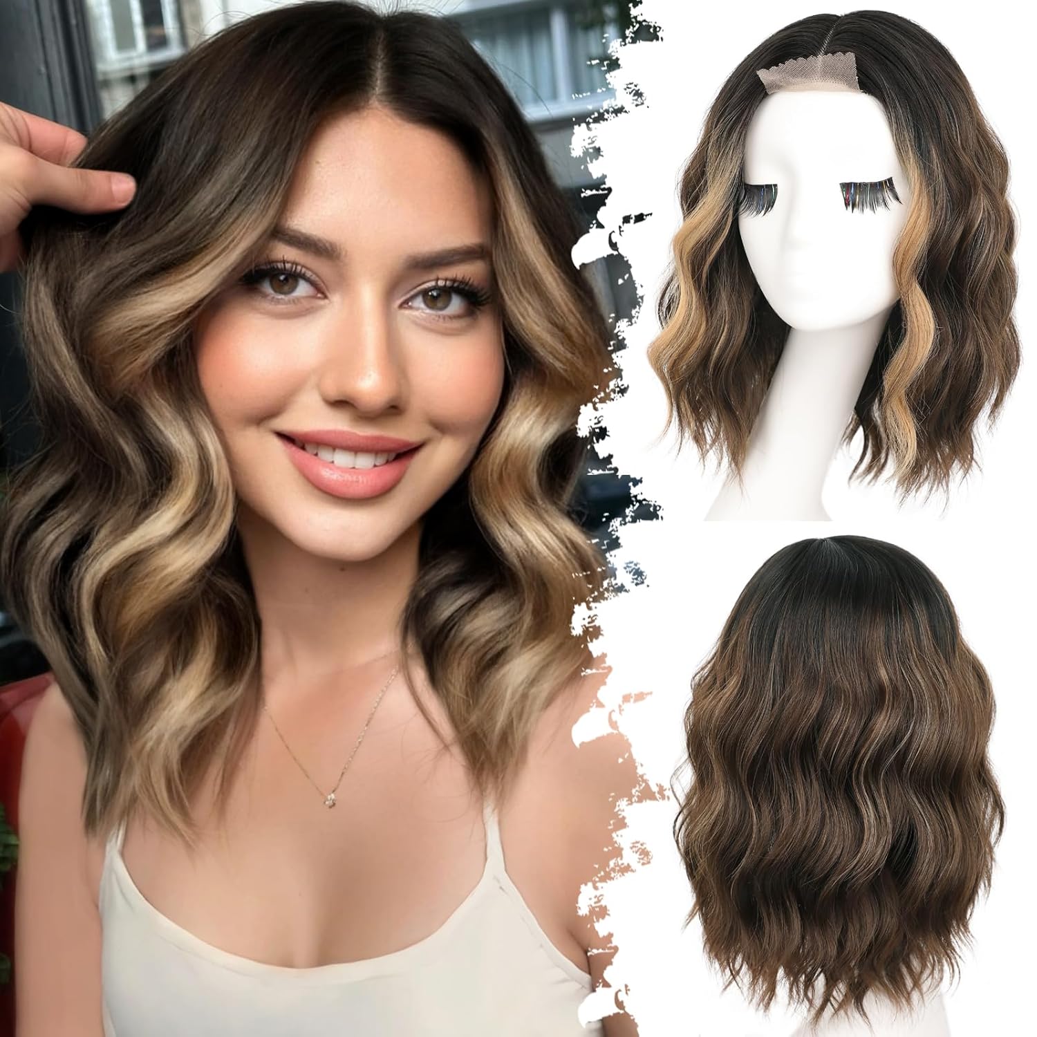 Short Wavy Wig Lace Bob Synthetic Heat Resistant Wig 14 Inch