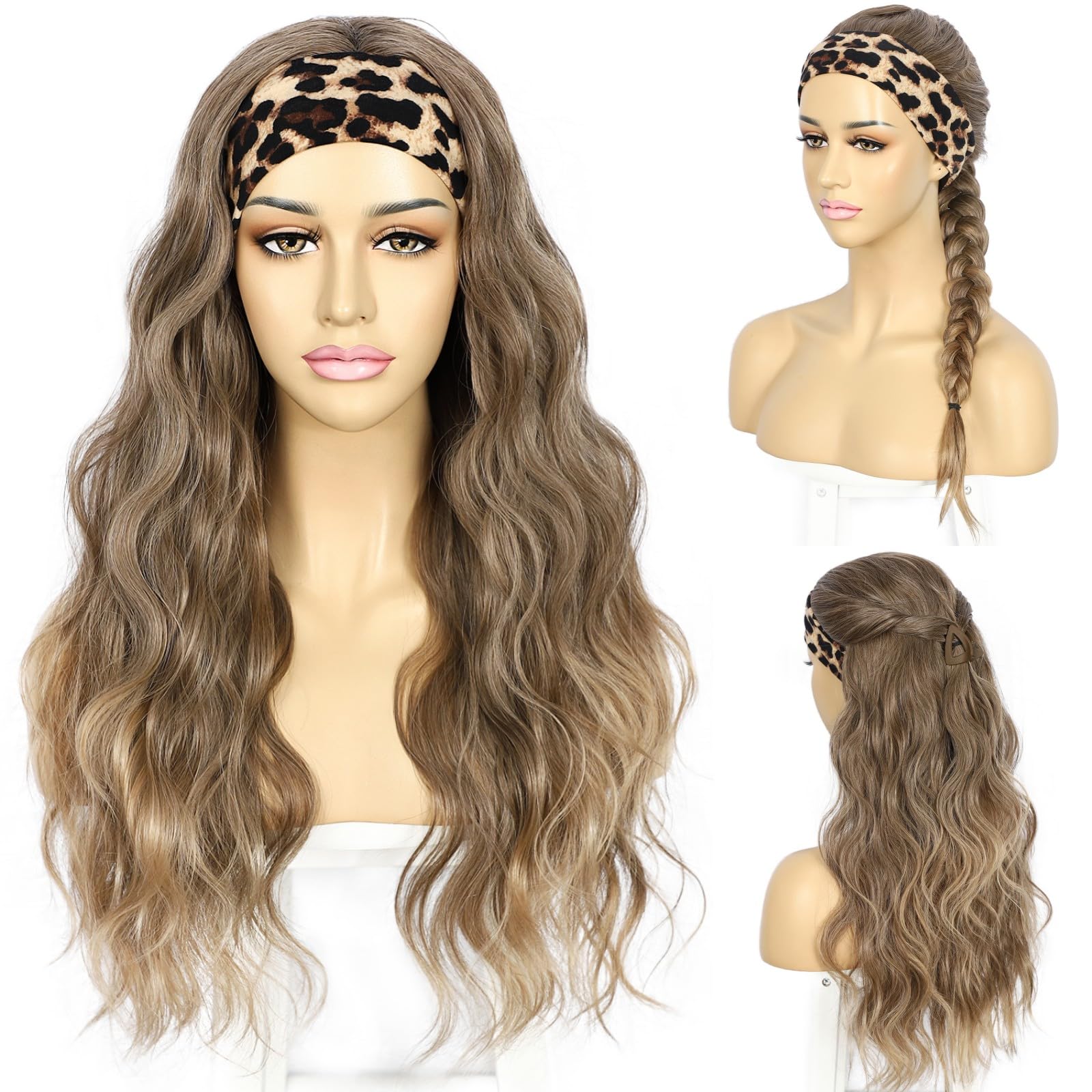 Headband Wig Loose Body Wavy Glueless Synthetic Hair Wigs for Black Women Wave None Lace Front Wigs Mix Brown Color Headband Wigs