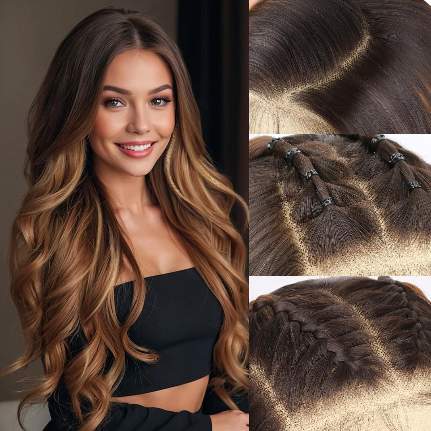 Long Wavy Synthetic Wig 26 Inch Brown Highlights Glueless Lace