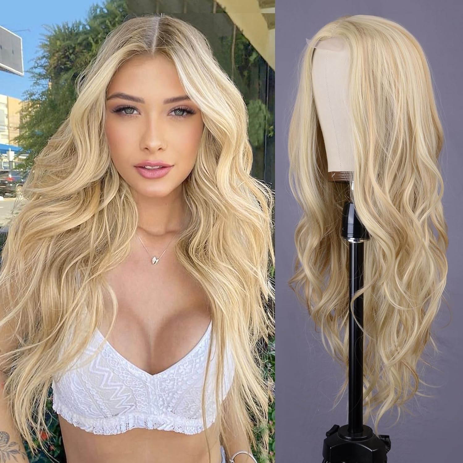 Mixed Blonde Long Wavy Wig 26 Inch Heat Resistant Synthetic Wig