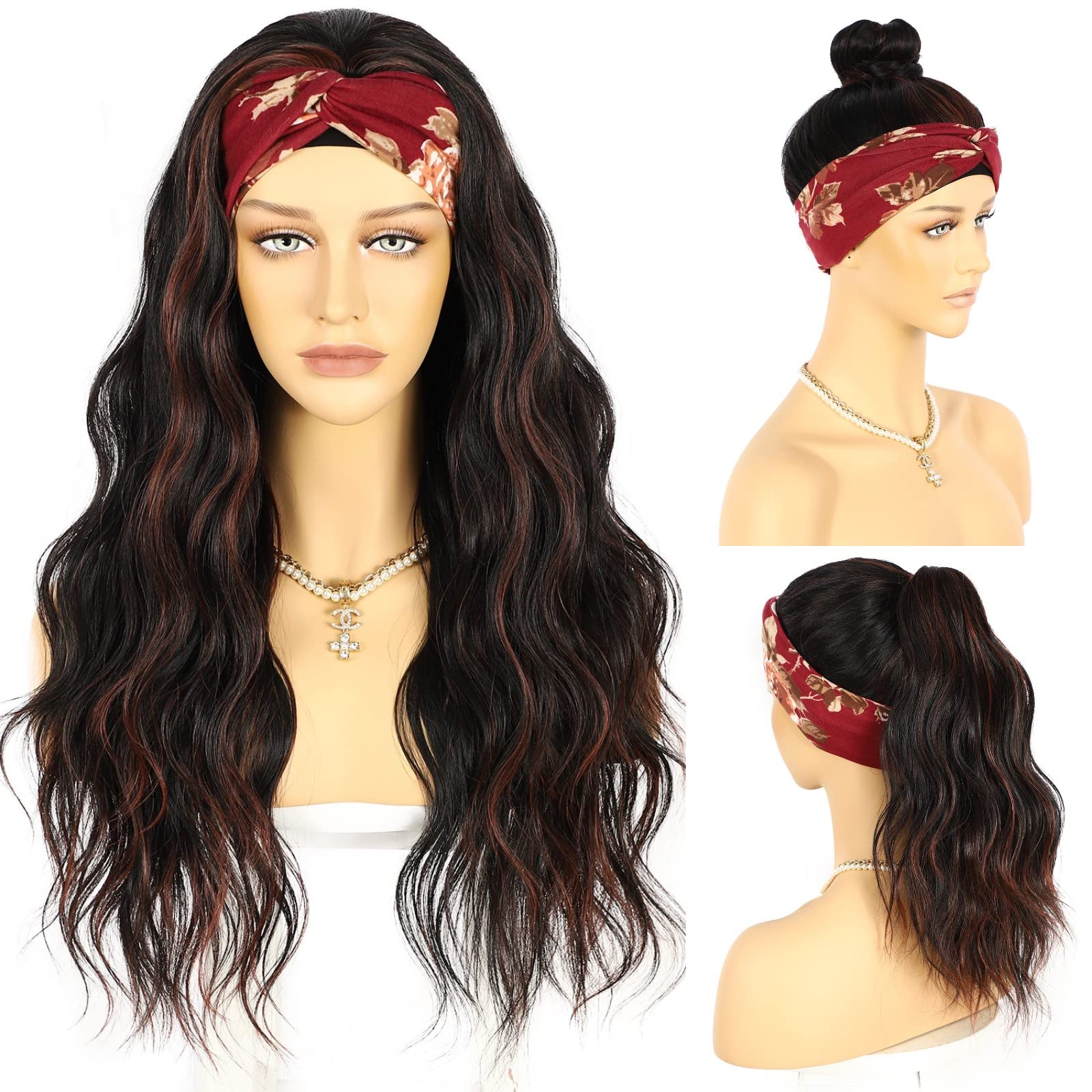 Headband Wig Loose Body Wavy Glueless Synthetic Hair Wigs for Black Women Wave None Lace Front Wigs Mix Brown Color Headband Wigs