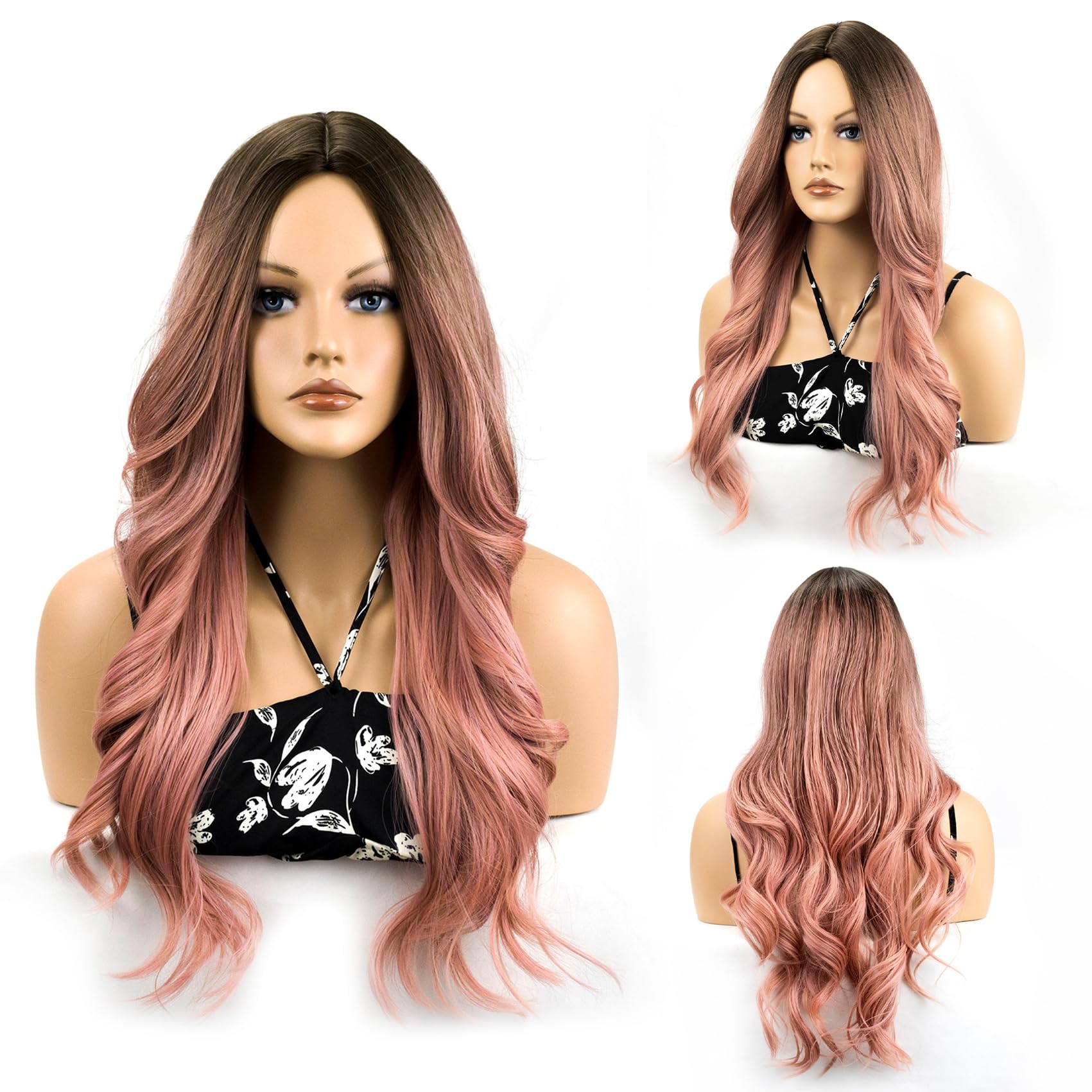 Long Wavy Blonde Pink Wig for Women Heat Resistant Synthetic Wig with Bangs