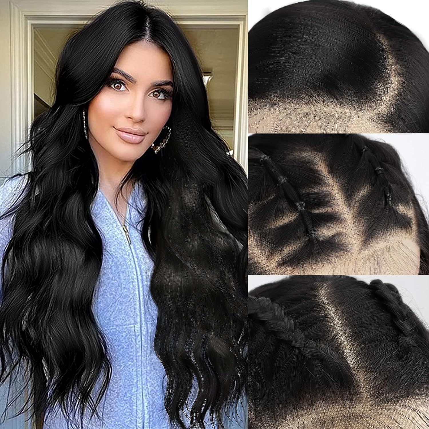 Long Wavy Synthetic Wig 26 Inch Brown Highlights Glueless Lace