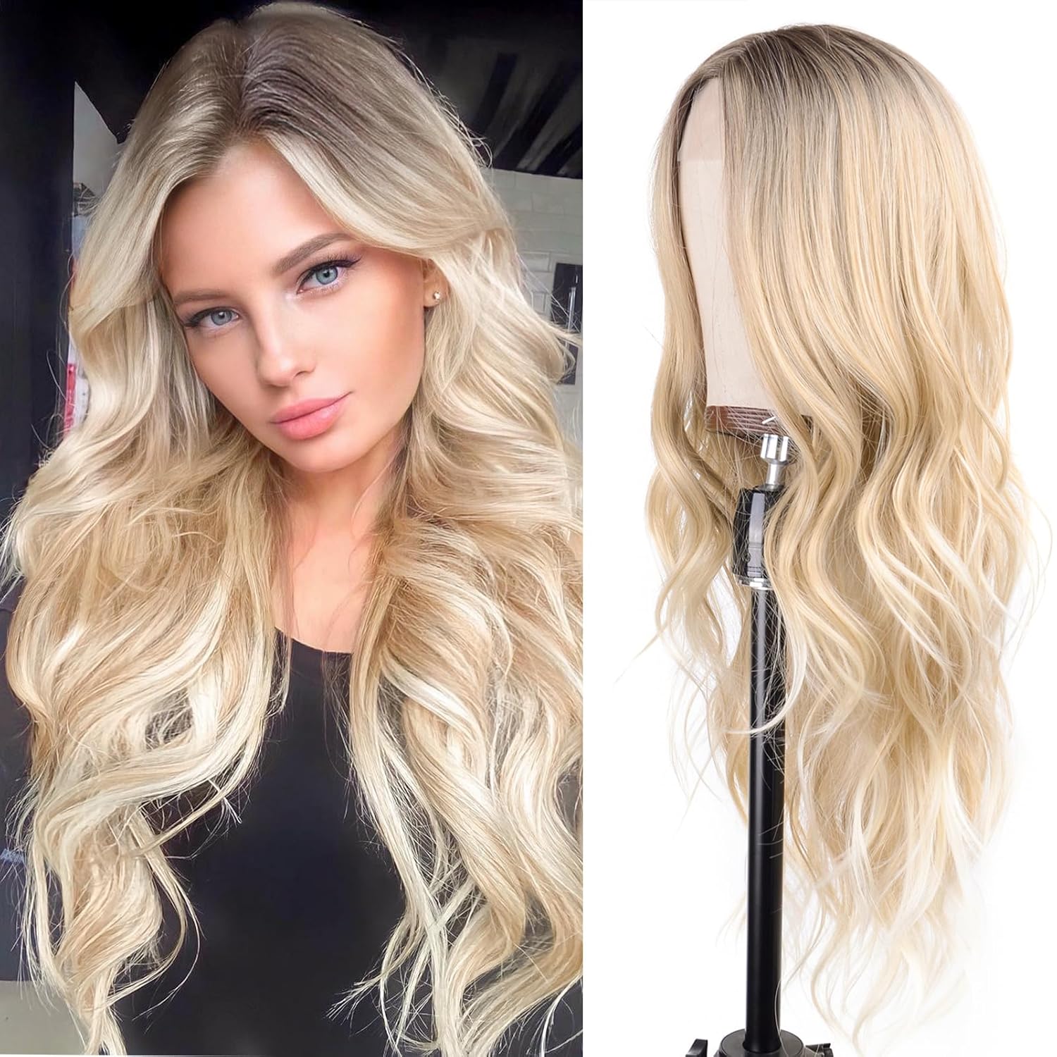 Mixed Blonde Long Wavy Wig 26 Inch Heat Resistant Synthetic Wig