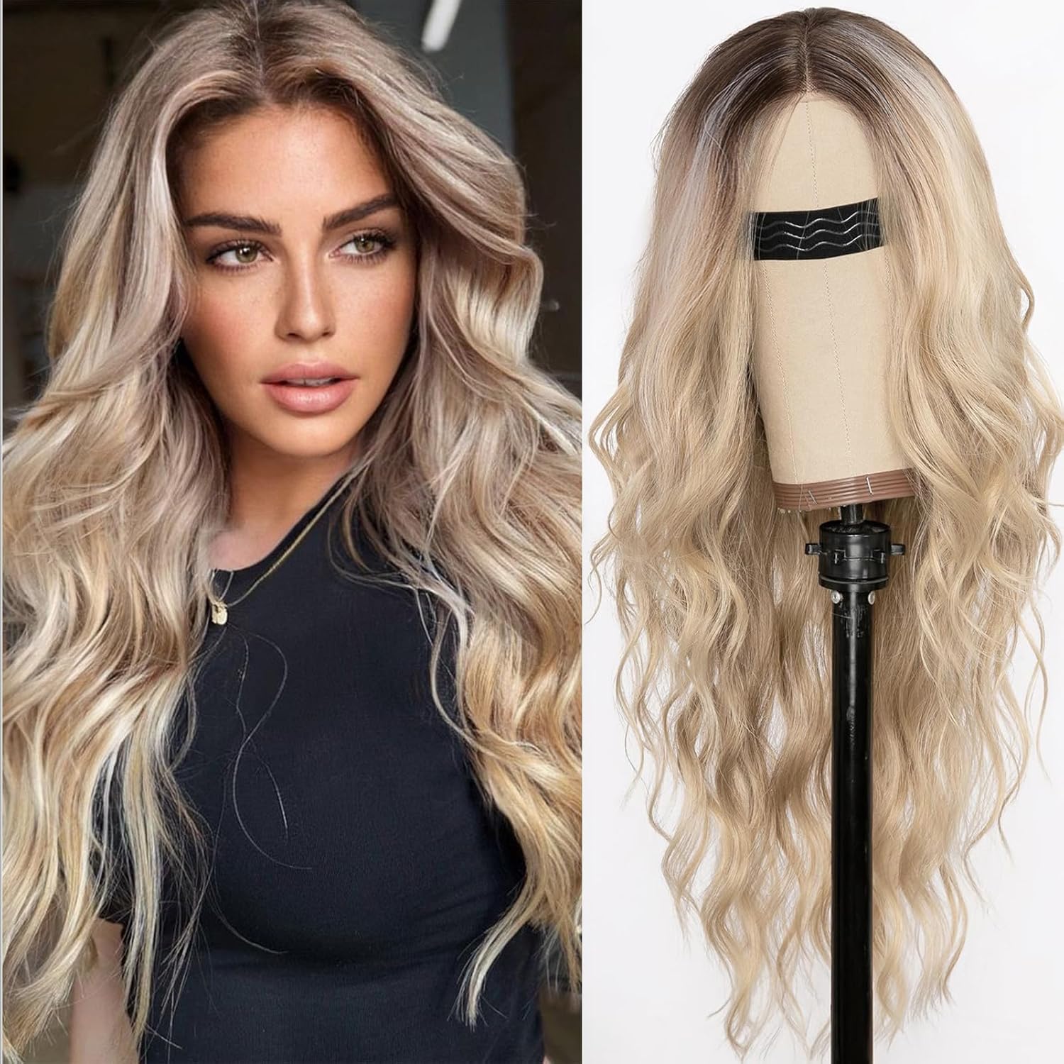 Long Light Blonde Wavy Curly Glueless Synthetic Wig 26 Inches