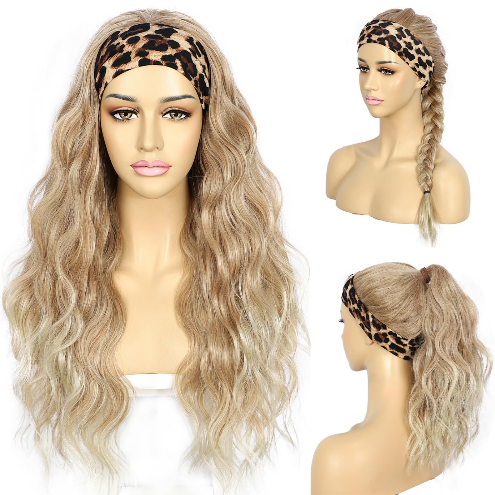Headband Wig Loose Body Wavy Glueless Synthetic Hair Wigs for Black Women Wave None Lace Front Wigs Mix Brown Color Headband Wigs