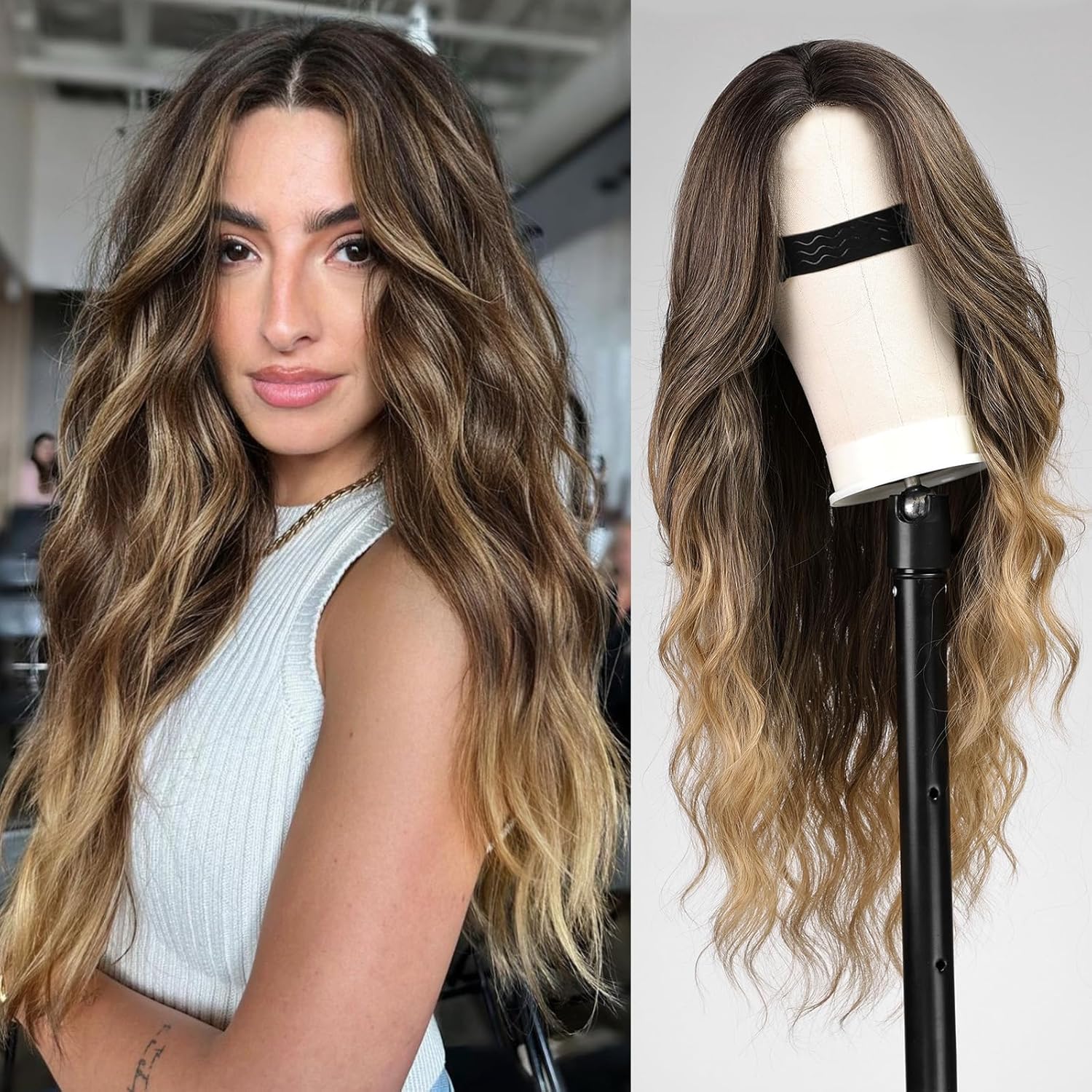 Long Light Blonde Wavy Curly Glueless Synthetic Wig 26 Inches