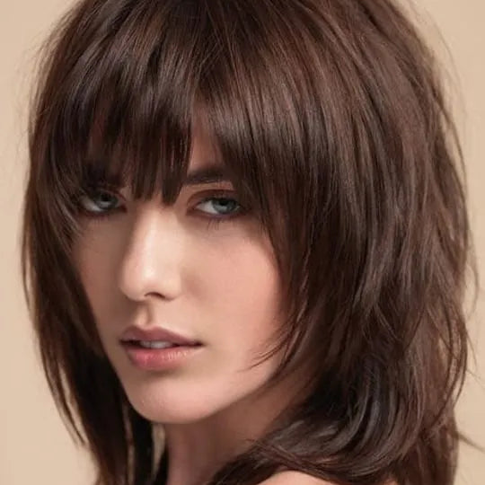Layered Shag Hairstyle with Full Fringe Middle Length Synthetic Capless Women Wigs