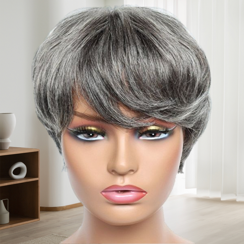 Short Human Hair Pixie Cut Bob Bangs Wig Lace Front Wig