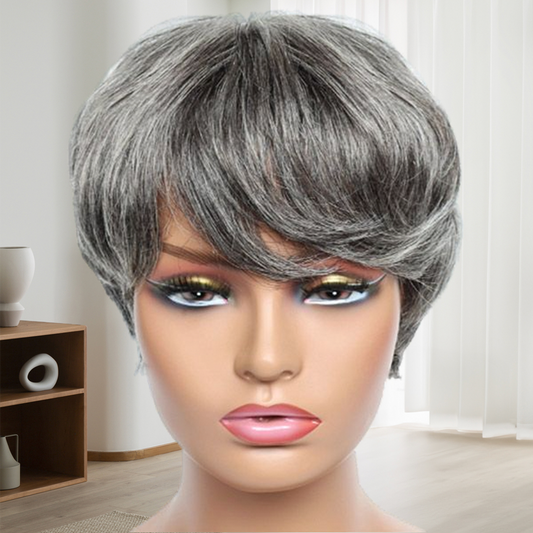 Short Salt And Pepper Grey Human Hair Pixie Cut Bob Bangs Wig