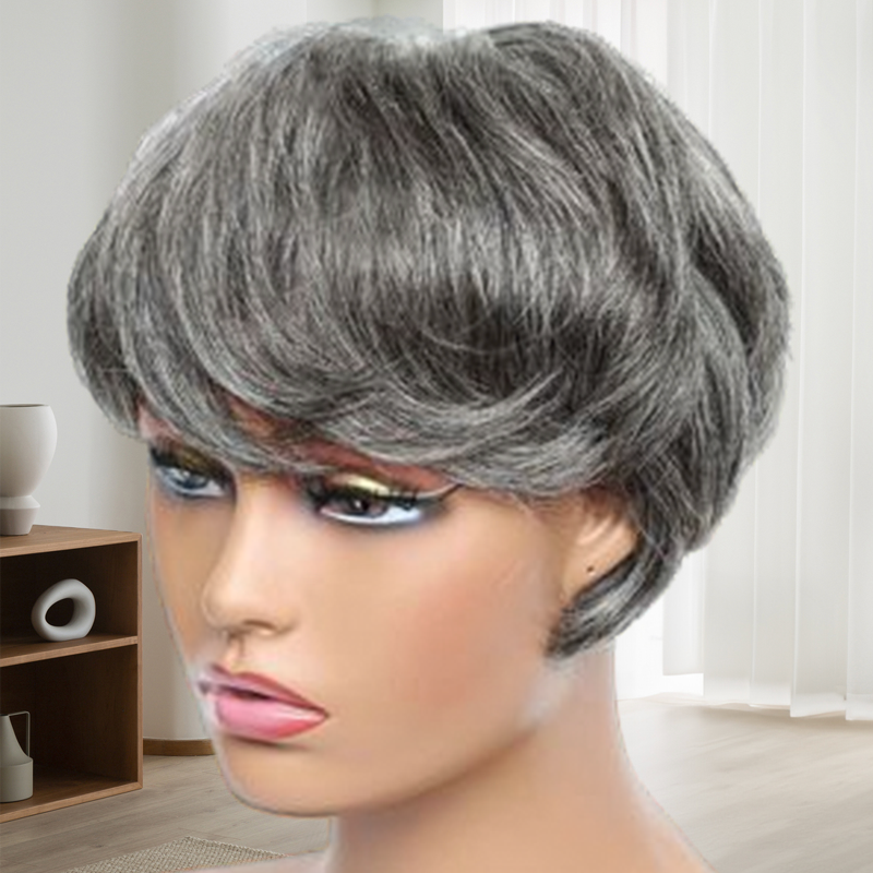 Short Salt And Pepper Grey Human Hair Pixie Cut Bob Bangs Wig